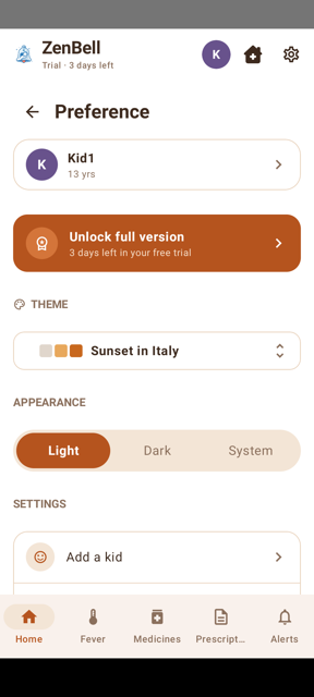 Theme picker screen showing the Sunset in Italy color theme selected