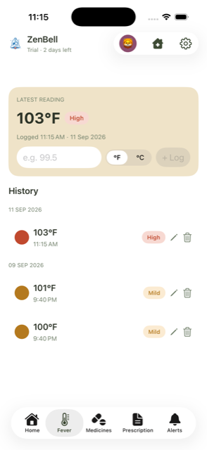 Fever tab showing a 103 degree high reading and a history of past temperature logs