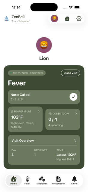 Home screen in a green theme with next dose due and a visit overview tile