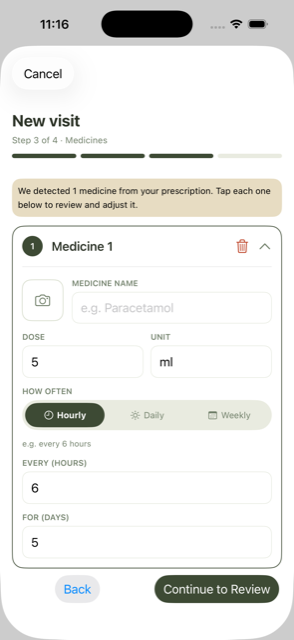 Medicine entry screen showing dose, unit, and an hourly schedule of every 6 hours