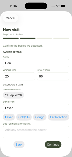 New visit screen with condition detected as Fever, weight and diagnosis date pre-filled
